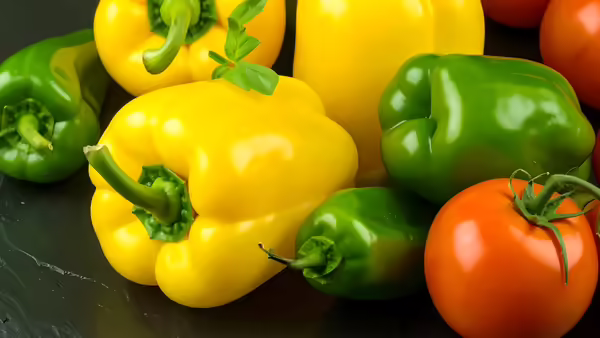 yellow and green peppers with a few red tomatoes