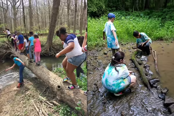 Youth walk across a log and play in the forest