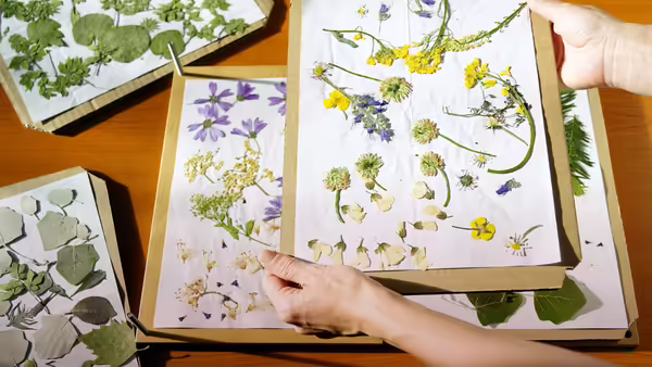Hands lifting a piece of paper with pressed flowers.