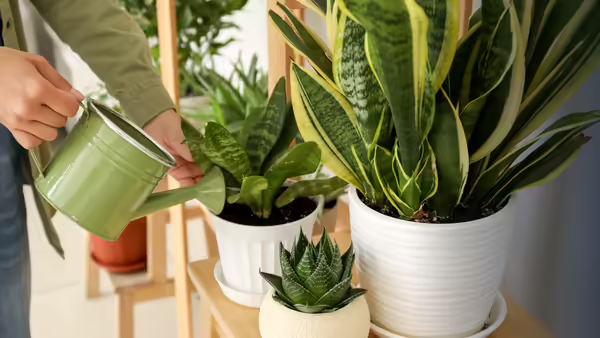 A person watering indoor snake plants and a succulent with a green watering can.