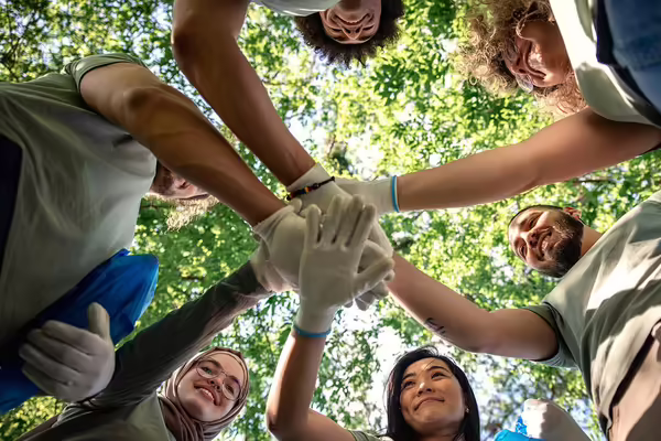 A gorup of people in a forest with connected hands