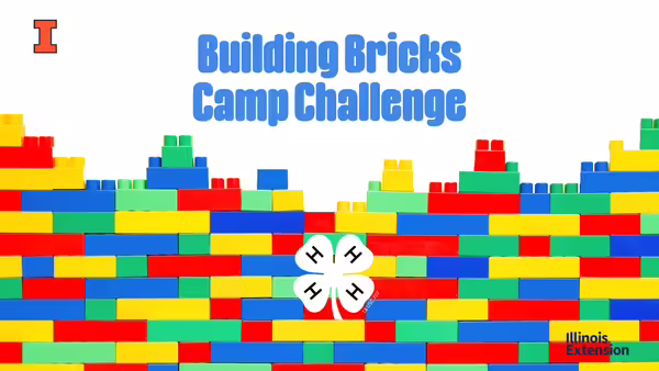 A stack of blue, green, red, and yellow lego bricks with "Building Bricks Camp Challenge."