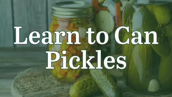 Learn to Can Pickles. Background image has different types of pickled vegetables.