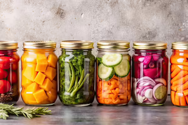 A row of jars filled with vegetables.