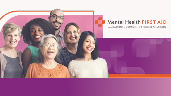 group of people of various backgrounds with the Mental Health First Aid logo