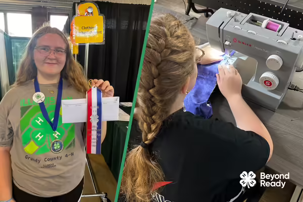 4-H member holds up a state ribbon on the left, while on the right, she works on a project at a sewing machine