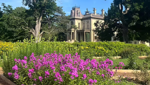 The historic David Davis Mansion sits just beyond Sarah's Garden that is blooming with yellow and purple flowers.