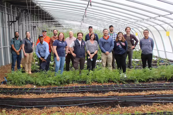 A group of people stand in a greenhouse
