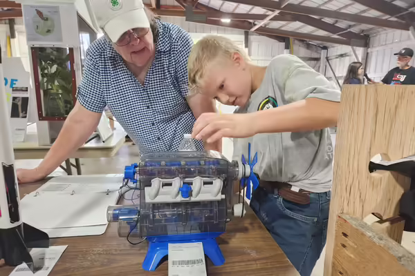 A 4-H member shows a project to a volunteer judge