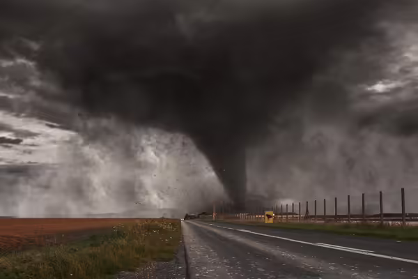 A dark tornado is twisting through rural fields and a two lane road.