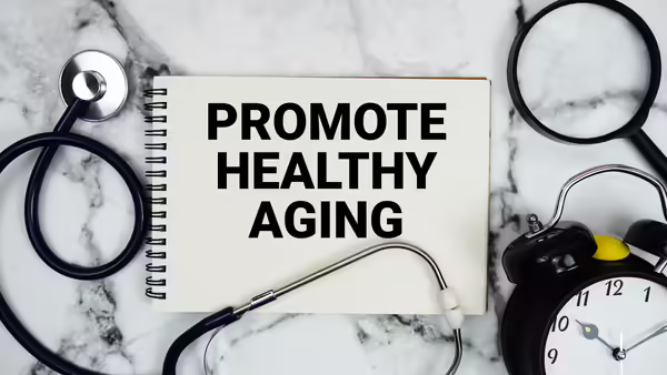 Book cover with promote healthy aging with stethoscope, alarm clock and magnifying glass