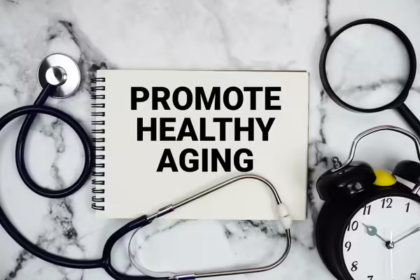 Book cover with promote healthy aging with stethoscope, alarm clock and magnifying glass