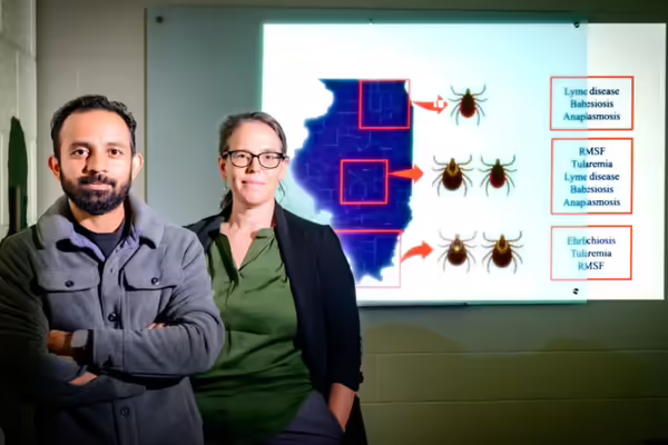 Portrait of the researchers standing in front of a map of Illinois with tick species indicated on the map.