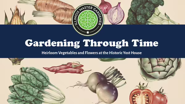 A background of drawn vegetables with a vintage coloring scheme present the title of the program: "Gardening Through Time"