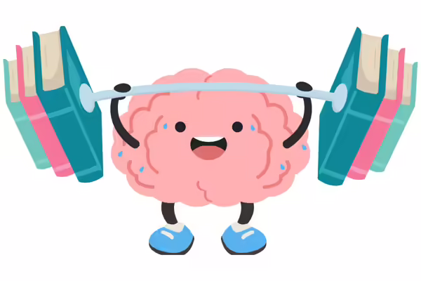 Cartoon brain lifting books like weights.