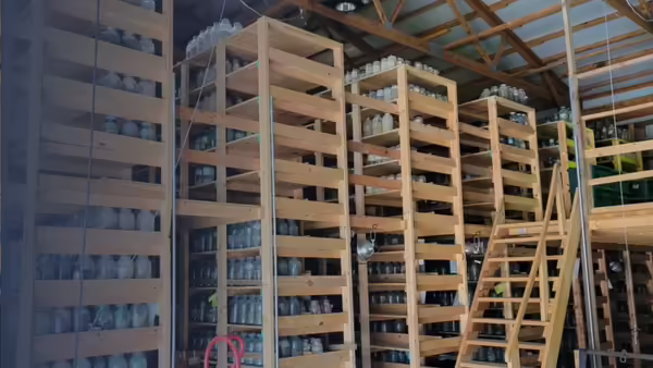 soil in jars on wooden shelves