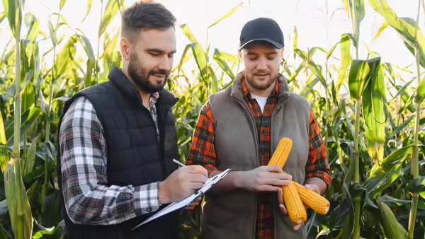 Two men standing in a corn field. One is holding a clip board and pen and the other is holding ears of corn.