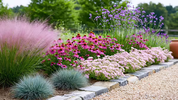 landscape showing coneflowers and other drought-tolerant plants
