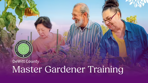 DeWitt County Master Gardener Training white text overlaying a purple background with 3 people in a garden pictured 