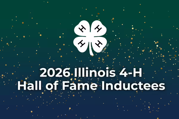 blue and green background with sparkles and text "2026 Illinois 4-H Hall of Fame Inductees" with the 4-H clover