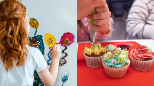 a young girl painting a canvas next to a close-up of someone decorating cupcakes with a piping bag