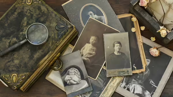 old photos scattered next to an old book and magnifying glass