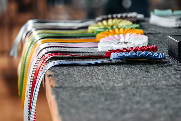 4-H Showmanship rosette ribbons on a table.