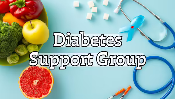 A graphic featuring fresh fruits and vegetables, sugar cubes, a blue diabetes awareness ribbon, a stethoscope, and insulin syringes on a light blue background.