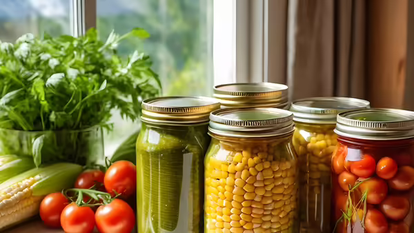 Jars of colorful preserved produce sits on a table with fresh herbs, corn, and tomatoes.
