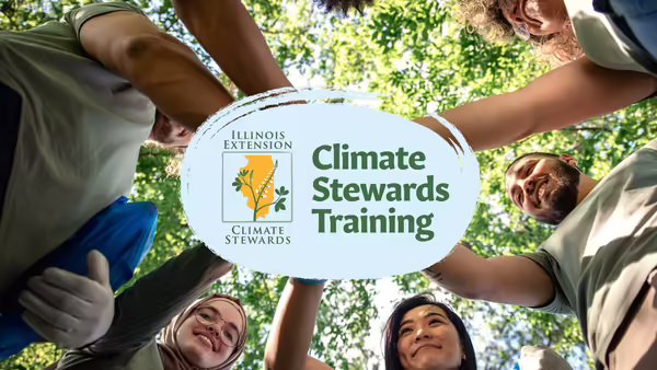Group of people with their hands in a circle, covered by the "Climate Stewards Training" logo.