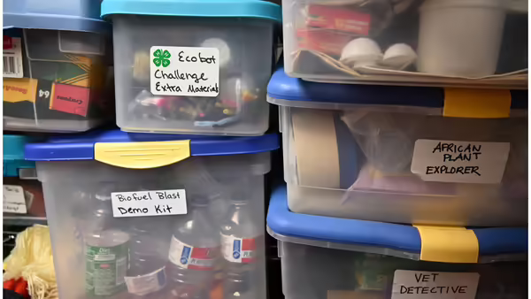 clear totes full of supplies