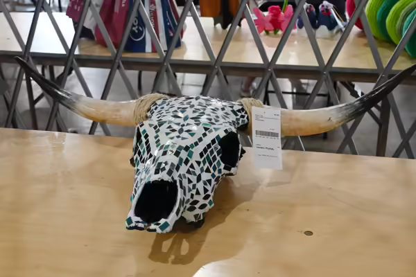 A glass decorated cow skull created by a 4-H'er