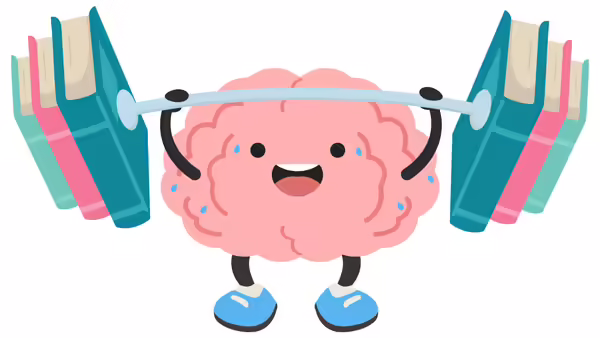 Cartoon brain lifting a barbell with sweat drops around it.