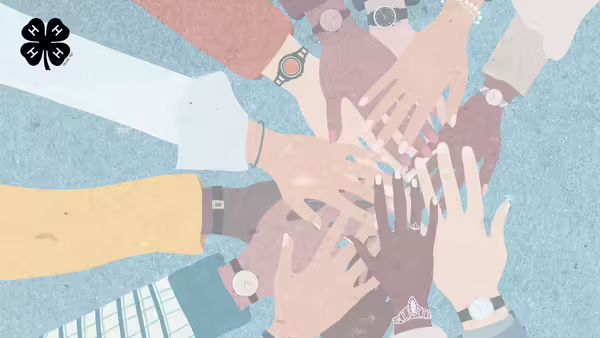 Illustration of diverse hands stacked together in unity, featuring the 4-H logo in the upper left corner.