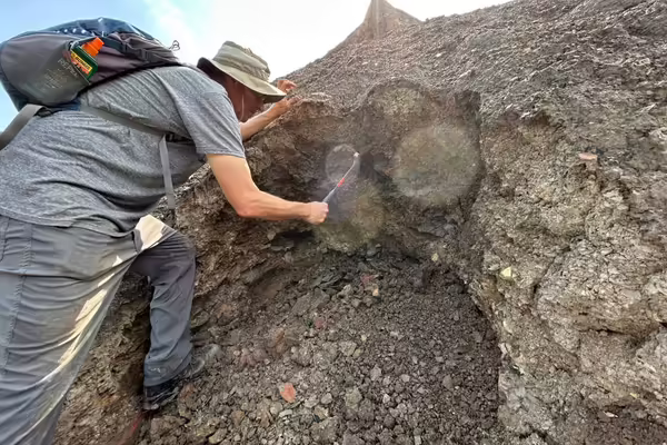 Master Naturalist Dave Brewer digs into the shale rock of the spoil pile as he hunts for concretions.