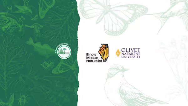 Three logos, the Kankakee River Valley Forest Preserve District, Illinois Master Naturalist, and Olivet University
