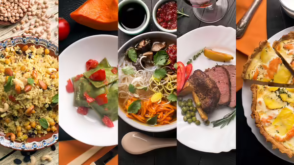 Five meals for different culture laid out next to each other.