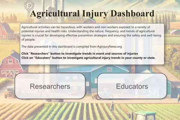 A screenshot of the homepage of the farm scene and text from the Agricultural Injury Dashboard.