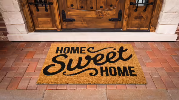 a home sweet home doormat on a brick porch in front of a door
