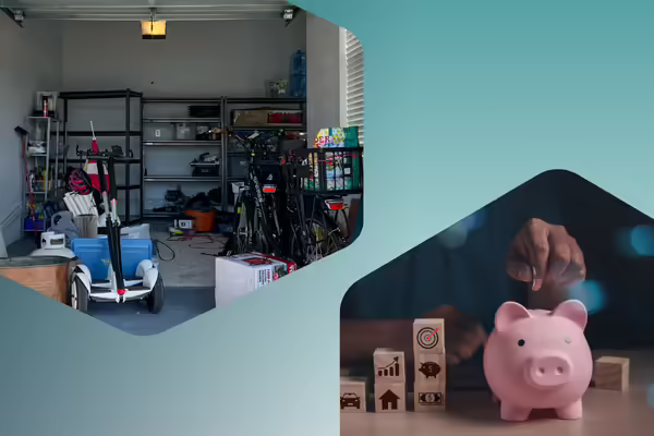 An image of person adding money into a piggy bank and a second image of a cluttered garage