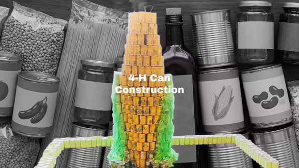 corn cob made of canned food. non perishable foods in background.4-H Can construction