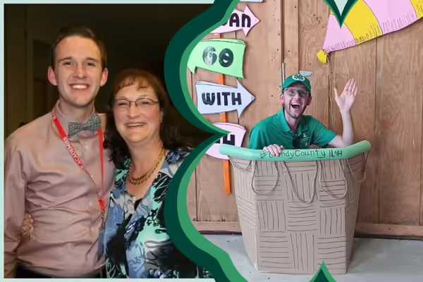 A young Kevin Carey is pictured on the left with Debra Stocker, they are both smiling. On the right is an adult Kevin smiling and waiving with a 4-H hat on.