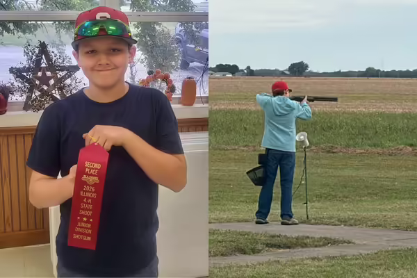 A 4-H member holds a second-place ribbon. In the second photo, the member practices shotgun shooting outdoors at a range.