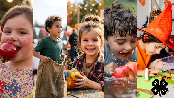 Collage of kids at a fall festival eating a candy apple, sack racing, painting a pumpkin, bobbing for apples, and making crafts.