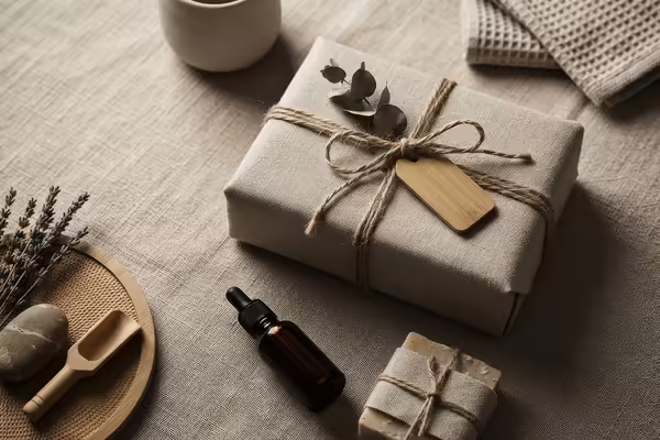 gift wrapped in off white paper with twine bow