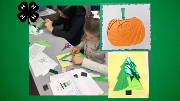 Children working on paper craft projects at a table, with examples of iris paper-folded pumpkin and Christmas tree cards shown.