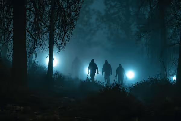 people with flashlights walking in woods