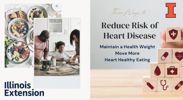 Image of family eating together and image of heart healthy foods, fruit, whole grain foods, oatmeal, waffles. Image of building wooden blocks with wellness images of blood, stethoscope, first aid, bandage. University of Illinois Extension branding and logo
