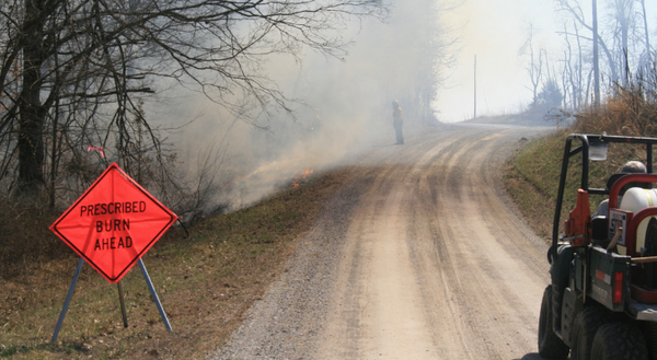 Prescribed fire sign with smoke in the air