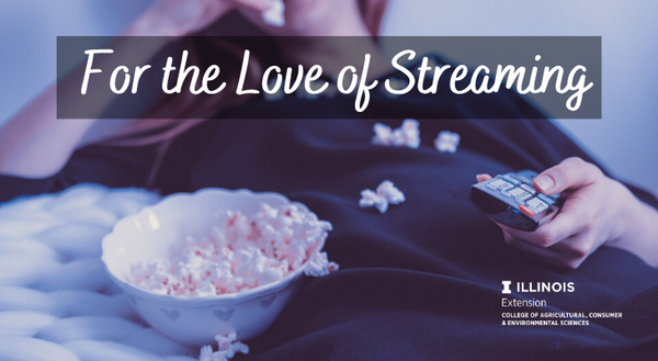 Woman eating from bowl of popcorn, holding a remote control. "For the love of streaming" written in cursive font.